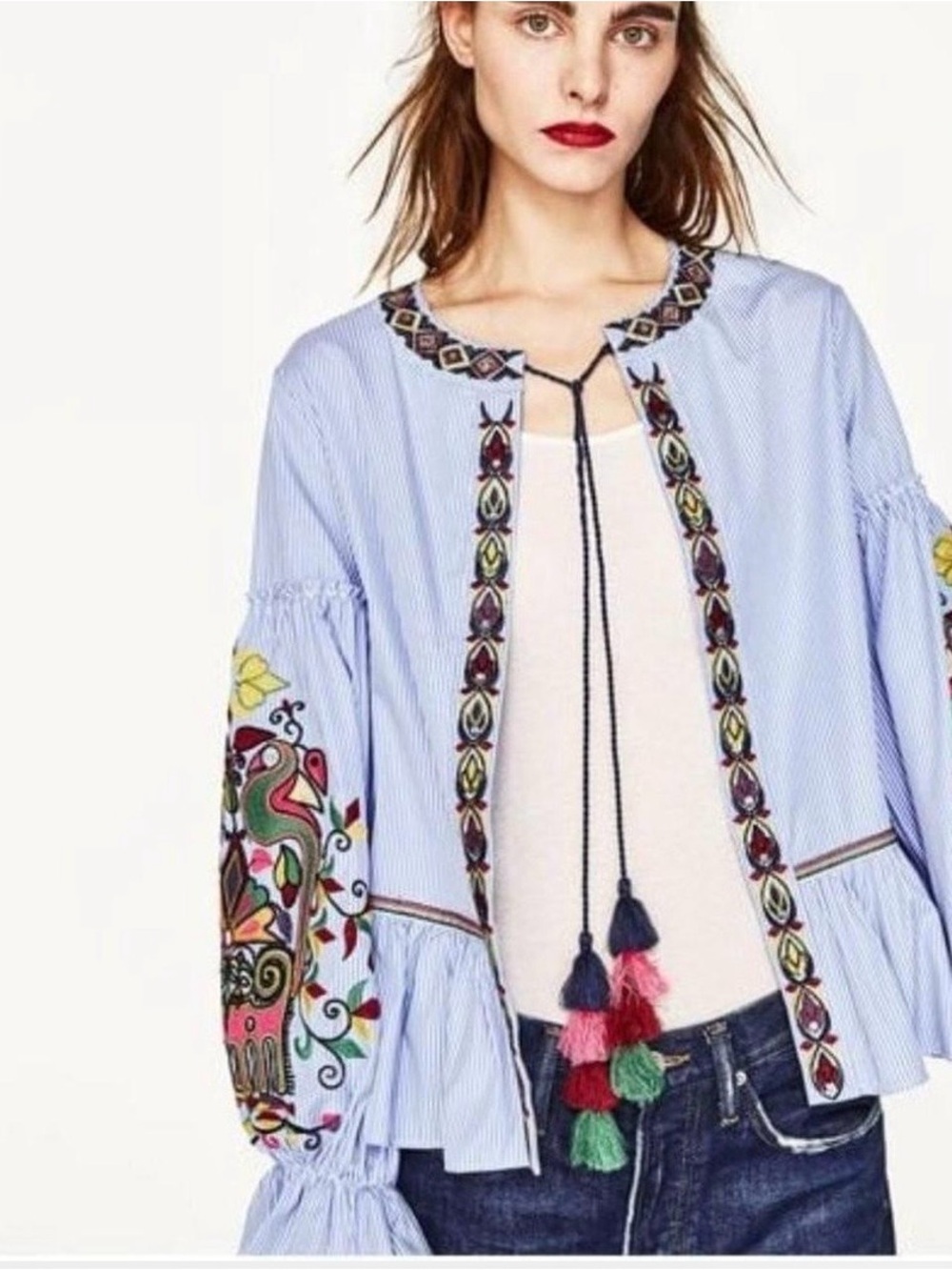 Zara embroidered blue stripe peasant jacket with tassel tie size XS oversized